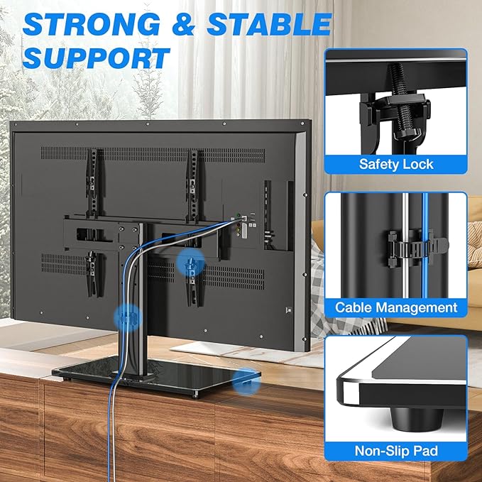 Universal TV Stand Mount for 27-60 inch TVs, Height Adjustable Table Top TV Stand Holds up to 88lbs, TV Mount Stand with Tempered Glass Base, Replacement TV Base Stands Max VESE 400x400mm - LeafyLoom