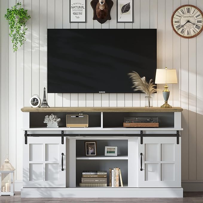 TV Stand with 2 Sliding Barn Doors, 58 Inch TV Stand with Storage Cabinet and Shelves, Television Stands with Storage for Living Room, Bedroom, White - LeafyLoom