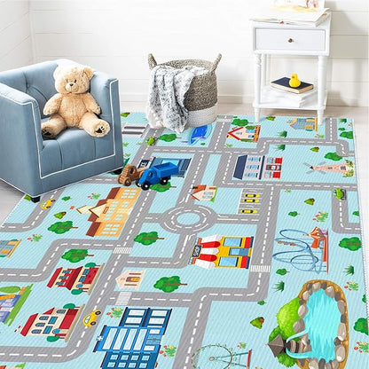 Kids Car Rug, 3' 3" x 5' 3" City Life Traffic Road Playmat for Toy Cars Trains, Non-Slip Race Track Carpet Educational Fun Area Rugs for Boy and Girl Bedroom Nursery - LeafyLoom