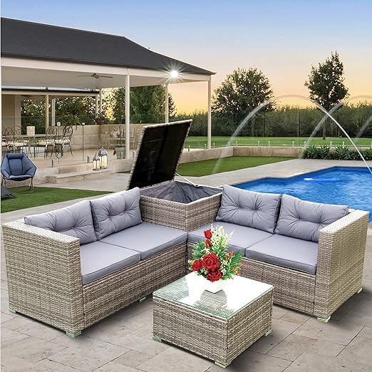 Patio Furniture Set, 4 Pieces PE Wicker Rattan Outdoor Conversation Sectional Sofa with Tempered Glass Table and Storage Box, for Backyard Lawn Garden Lown Porch, E-Grey - LeafyLoom