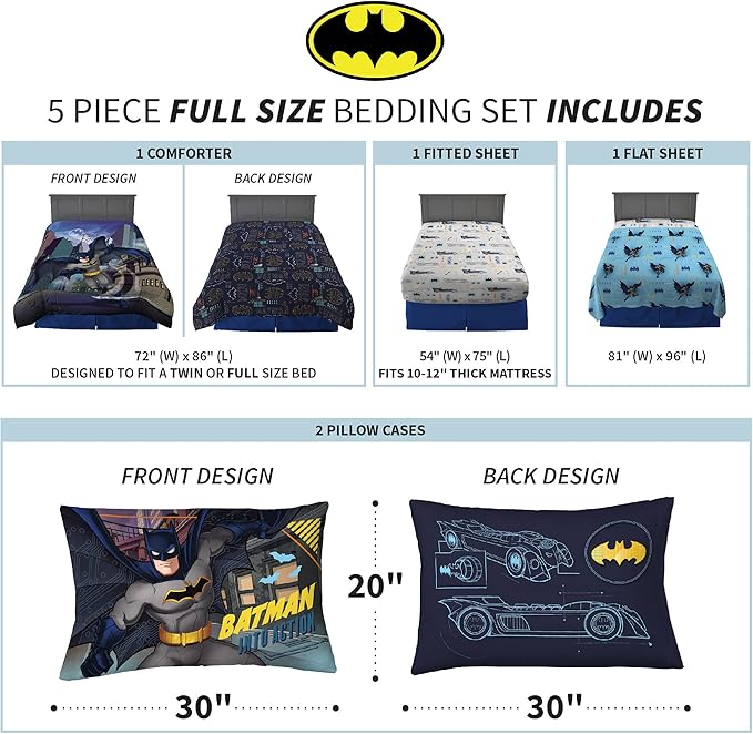 Franco Kids Bedding Super Soft Comforter and Sheet Set, 5 Piece Full Size, Batman - LeafyLoom