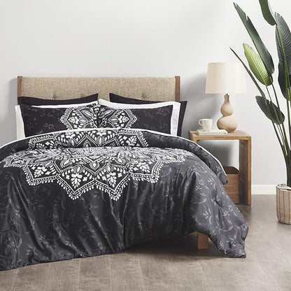 Comfort Spaces Bed in A Bag - Trendy Casual Design Cozy Comforter with Complete Sheet Set with Side Pocket, All Season Cover, Matching Shams, Queen(90"x90"), Ava Medallion Black 9 Piece - LeafyLoom