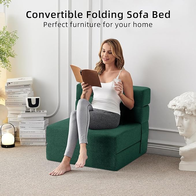 Convertible Folding Sofa Bed-Sleeper Chair with Pillow, Modern Linen Fabric Floor & Futon Couch, Foldable Mattress for Living Room/Dorm/Guest Use/Home Office/Apartment, Single Size,Dark Green - LeafyLoom