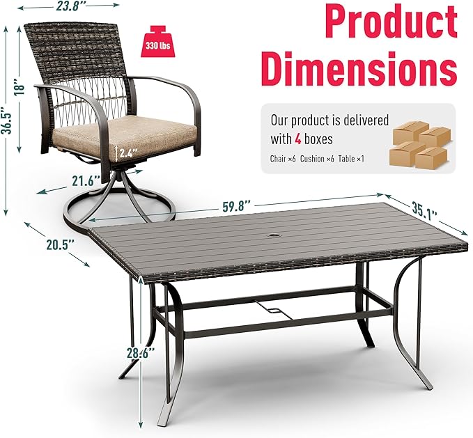 Pamapic 7 Piece Patio Dining Set for 6,Outdoor Wicker Furniture Set for Backyard Garden Deck Poolside with 6 Cushions Swivel Rocker Chairs,Iron Slats Table Top, Removable Cushions(Beige) - LeafyLoom