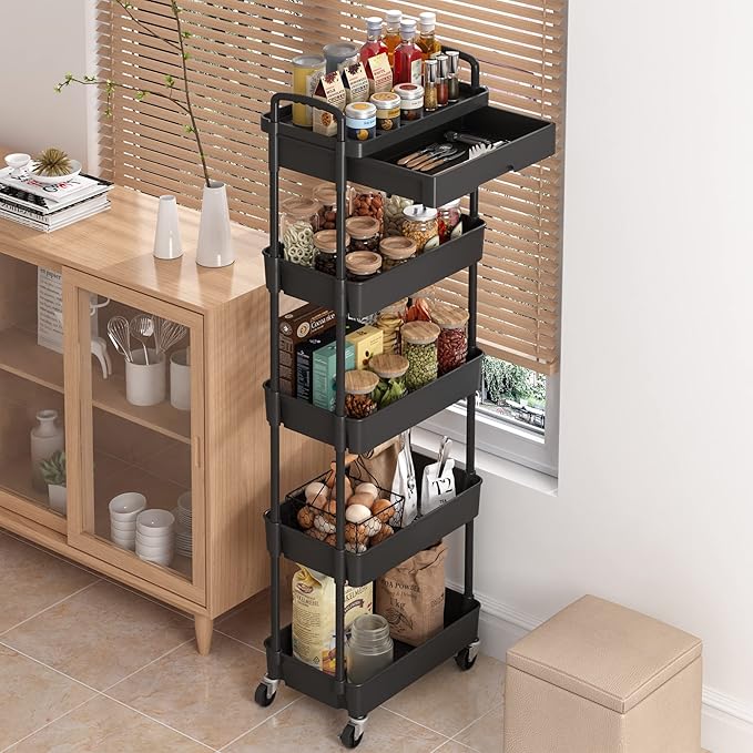 5-Tier Rolling Utility Cart，Trolley with Drawer, Multifunctional Storage Organizer with Plastic Shelf & Metal Wheels, Storage Cart for Living Room, Kitchen, Office, Bathroom, Black - LeafyLoom