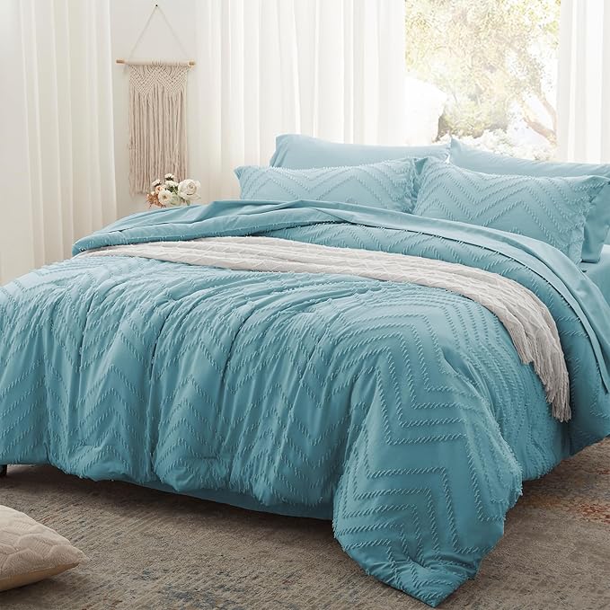 Anluoer Queen Comforter Set, Sky Blue Tufted Bed in a Bag 7 Pieces with comforters and sheets, All Season Bedding Sets with 1 Comforter, 2 PillowShams, 2 Pillowcases, 1 Flat Sheet, 1 Fitted Sheet - LeafyLoom