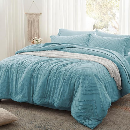 Anluoer King Comforter Set, Sky Blue Tufted Bed in a Bag 7 Pieces with comforters and sheets, All Season Bedding Sets with 1 Comforter, 2 PillowShams, 2 Pillowcases, 1 Flat Sheet, 1 Fitted Sheet - LeafyLoom