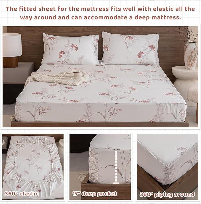 QSH Floral Bed Sheets King Size - 100% Egyptian Cotton Floral Bedding Sheets Aesthetic Flower Pattern Printed Bedding King Size Bed Sheets 17.5" Extra Deep Pocket 4pcs - LeafyLoom