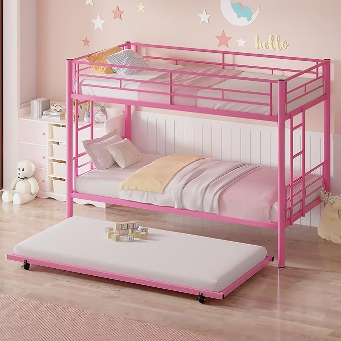 VECELO Twin Over Twin Bunk Bed with Trundle, Metal Bunkbeds with Ladder and Full-Length Guardrail, Noise Free, No Box Spring Needed, Pink - LeafyLoom