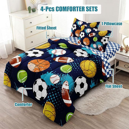 Kids Boys Comforter Set Twin Bed in a Bag w/Sheet Sets, Blue Twin Bedding Sets for Teens Soccer Basketball Baseball Football Sports Themed Bedroom Decor Reversible Design - LeafyLoom