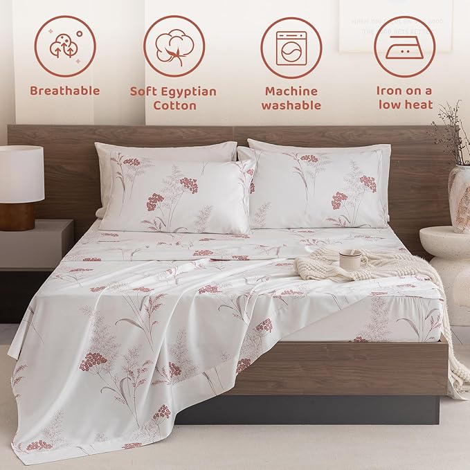 QSH Floral Bed Sheets King Size - 100% Egyptian Cotton Floral Bedding Sheets Aesthetic Flower Pattern Printed Bedding King Size Bed Sheets 17.5" Extra Deep Pocket 4pcs - LeafyLoom