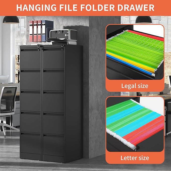 5 Drawer File Cabinet,Metal Filing Cabinets with Lock,Vertical File Cabinet for Home Office,Black Heavy Duty Metal Storage Cabinet for A4/Letter/Legal Size File,Assembly Required - LeafyLoom