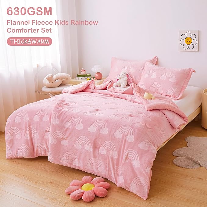 Mooreeke Twin Kids Comforter Bed Set, Embossed Plush Fleece Soft & Warm 2 Piece Bed in A Bag with Shams, Velour Velvet Pink Rainbow Girls Kids Bedding Set, Fluffy Fuzzy Polar Cozy and Stylish - LeafyLoom