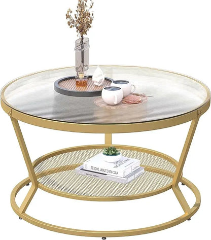 O&K FURNITURE Round Gold Coffee Table, 2-Tier Coffee Table for Living Room, Gold Glass Coffee Table with Ring-Shaped Frames, Center Table for Home&Office, Gold Finish - LeafyLoom