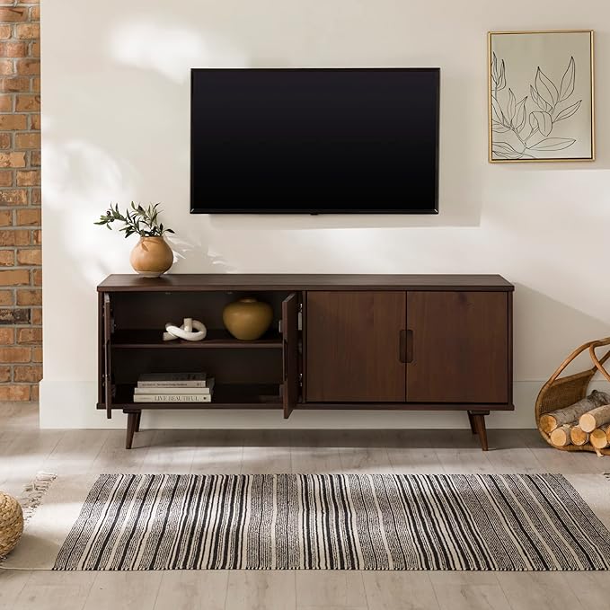 Walker Edison Genia Mid-Century Modern Solid Wood Stand for TVs up to 65 Inches, Walnut - LeafyLoom