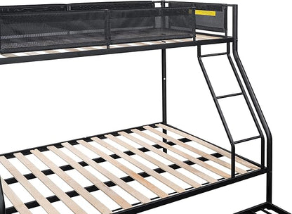 Twin over Full Metal Bunk Bed with Trundle,Sturdy-Metal Bed-Frame,Noise-Free Wood Slats,Comfortable Textilene Guardrail,Space-saving Trundle,Bunk-Bed for Three,No Box Spring Needed,Black - LeafyLoom