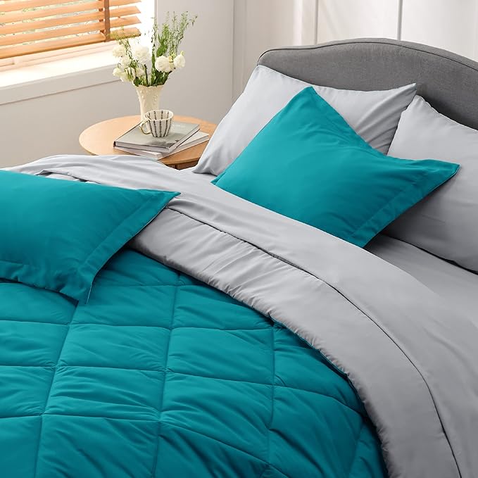 Bedsure Teal Twin Comforter Set - 5 Pieces Reversible Twin Bed in a Bag, Extra Long Twin Bed Set with Comforters, Sheets, Pillowcase & Sham, Twin Bedding Sets for College - LeafyLoom