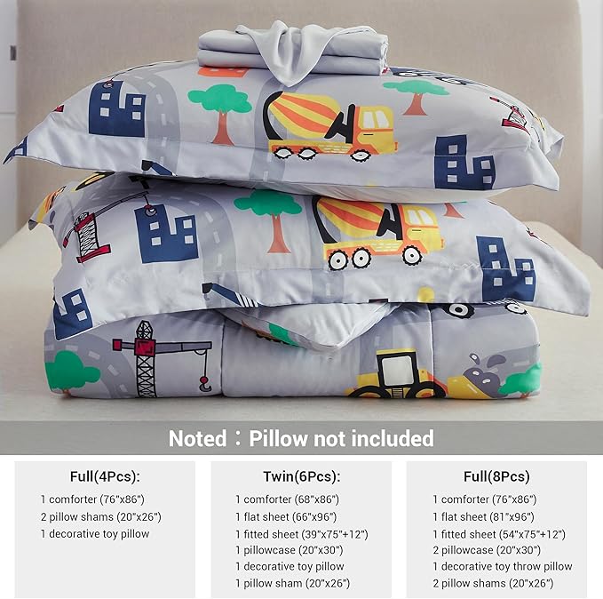 Mooreeke Bed in a Bag for Kids Boys Teens, 6 Pieces Twin Size Comforter Bed Set with Shams, Sheet Set and Decorative Toy Pillow, Excavator Super Soft Microfiber Kids Comforter Bedding Set - LeafyLoom