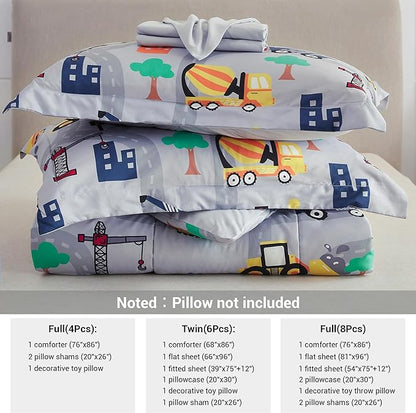 Mooreeke Bed in a Bag for Kids Boys Teens, 8 Pieces Full Size Comforter Bed Set with Shams, Sheet Set and Decorative Toy Pillow, Excavator Super Soft Microfiber Kids Comforter Bedding Set - LeafyLoom