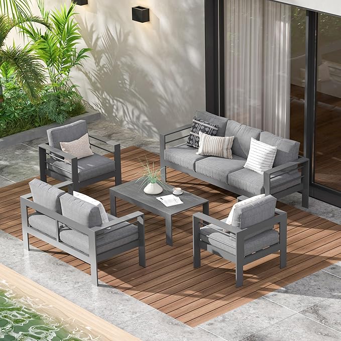 Wisteria Lane Aluminum Outdoor Patio Furniture Set, Modern Patio Conversation Sets, Outdoor Sectional Metal Sofa with 5 Inch Cushion and Coffee Table for Balcony, Garden, Dark Grey - LeafyLoom