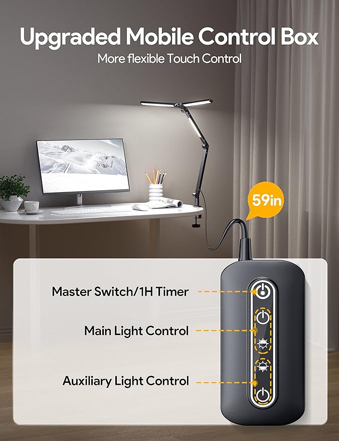 MediAcous LED Desk Lamp with Clamp, 20W Three Lights Desk Light for Home Office, Flexible Swing Arm, Control Box, 4 Color Modes, 4 Brightness, Memory Function, Eye-Caring Clip-on Lamp for Workbench - LeafyLoom