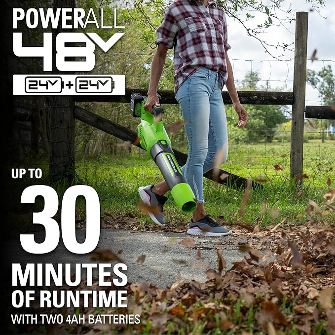 Greenworks 48V (2 x 24V) Cordless Brushless Axial Leaf Blower (140 MPH / 585 CFM / 125+ Compatible Tools), (2) 4.0Ah Batteries and Dual Port Rapid Charger Included - LeafyLoom