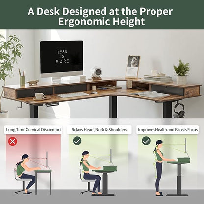 FEZIBO Triple Motor 63" L Shaped Standing Desk with 3 Drawers, Electric Standing Desk Adjustable Height, Corner Stand up Desk with Splice Board - Rustic Brown - LeafyLoom