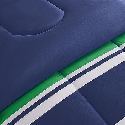 SLEEP ZONE Kids Rugby Bedding Comforter Set Full/Queen Size - Super Cute & Soft Kids Bedding 7 Pieces Set with Comforter, Sheet, Pillowcase & Sham (Rugby Stripe Navy/Green) - LeafyLoom