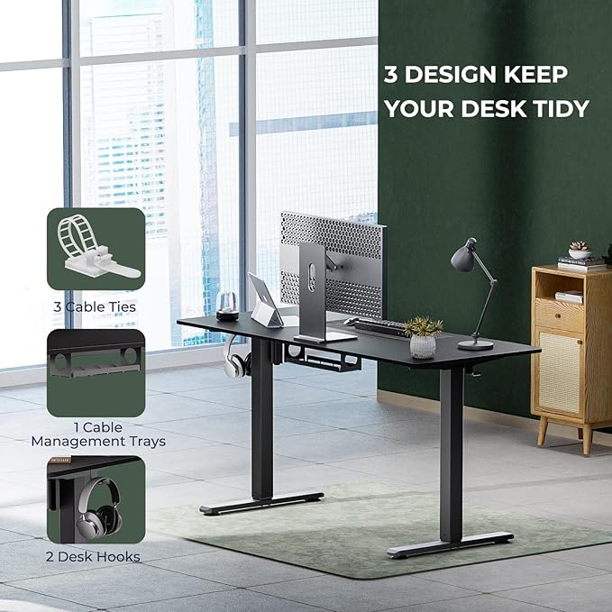 Electric Standing Desk,Adjustable Height Desk With Curved Desktop, Stand Up Desk With 2 Metal Hooks & Cable Organizer Box, Powerful Motor For Fast Switch From Sit To Stand Position 55x24 Black - LeafyLoom