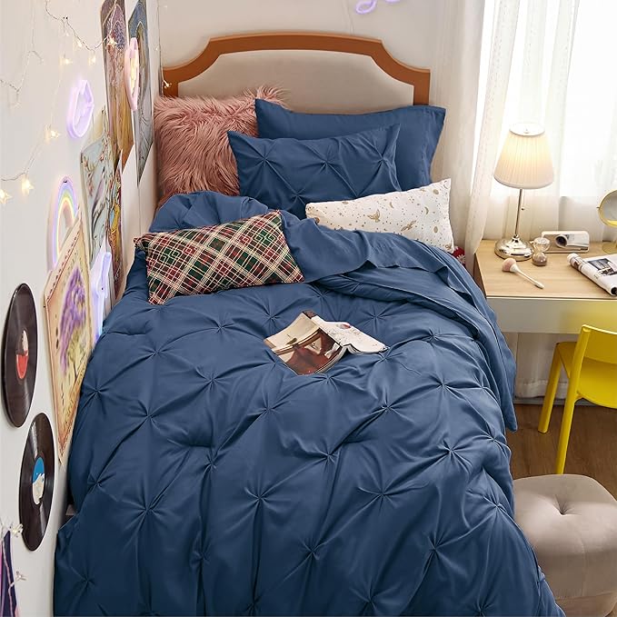 Bedsure Twin XL Comforter Set for Boys - Extra Long 5 Pieces Dorm Bedding Sets, Pinch Pleat Navy Blue Bed in a Bag with Comforter, Sheets, Pillowcase & Sham - LeafyLoom