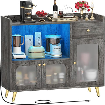 Cyclysio Sideboard Buffet Cabinet with Power Outlet, Kitchen Cabinet with LED Lights, Large Bar Cart Accent Buffet Cabinet with Door for Bedroom, Living Room, Kitchen, Hallway, Grey - LeafyLoom