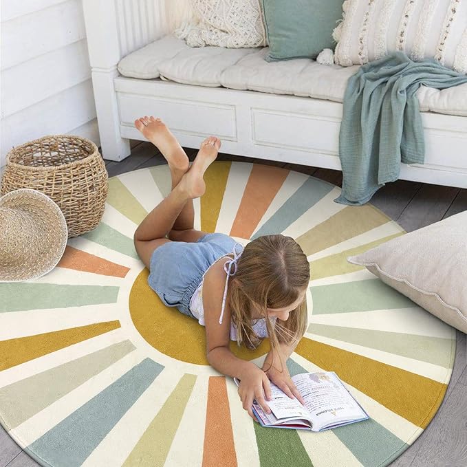 Boho Sun Round Area Rug for Living Room, 6 Ft Washable Nursery Rug for Playroom, Colorful Circle Rug for Kids Bedroom, Non-Slip Circluar Carpet Soft Large Kids Rug for Classroom Dorm Kids Room - LeafyLoom