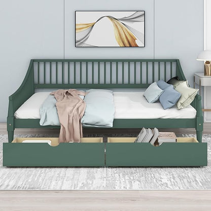 Full Size Daybed with Two Drawers,Solid Wood Storage Bed Frame W/Wooden Slat Support,Guide Rail Design on Three Sides,Easy to Assemble,for Bedroom Living Room,Green - LeafyLoom