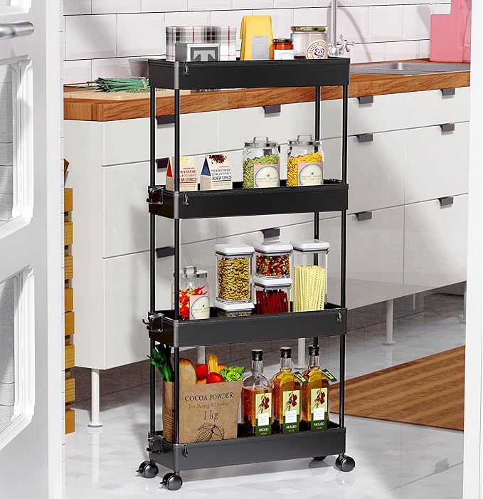 SPACEKEEPER Slim Rolling Storage Cart 4 Tier Organizer Mobile Shelving Unit Utility Cart Tower Rack for Kitchen Bathroom Laundry Narrow Places, Black - LeafyLoom