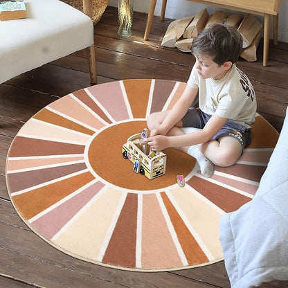 Topotdor Sun Rainbow Round Rug 5.2ft Boho Kids Nursery Rug, Colorful Washable Area Rug Ultra Soft Circle Classroom Rug Non-Slip for Bedroom Living Room Playroom Decor, Orange - LeafyLoom