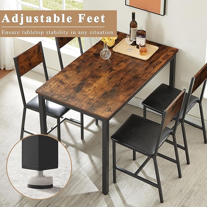 4 Chairs Dining Table Set for 4-8, Modern Space Saving Kitchen Desk, Wooden Industrial Style Farmhouse, 47", Leather Black Brown - LeafyLoom