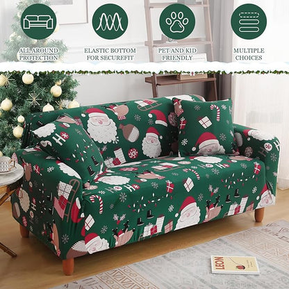 Mybedsoul Christmas Printed Sofa Cover Santa Claus Elastic Couch Cover Machine Washable Christmas Theme Red Sofa Slipcover for Living Room(3 Seater) Mybedsoul