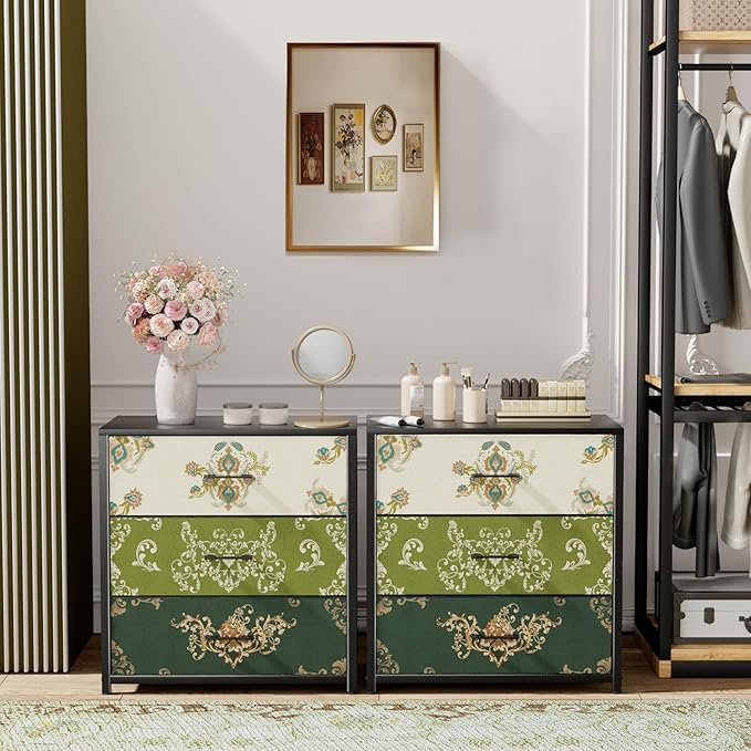 Nightstand, End Table, Bedside Table, Small Tall Boho Dresser for Bedroom with 3 Drawer, Chest of Drawers Fabric Dressers with Wood Top for Closet, Living Room, Retro Flower - LeafyLoom