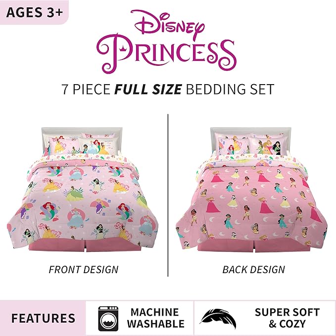 Disney Princess Kids Bedding Super Soft Comforter and Sheet Set with Sham, 7 Piece Full Size, "Official" Disney Product By Franco (PRINTS MAY VARY) - LeafyLoom