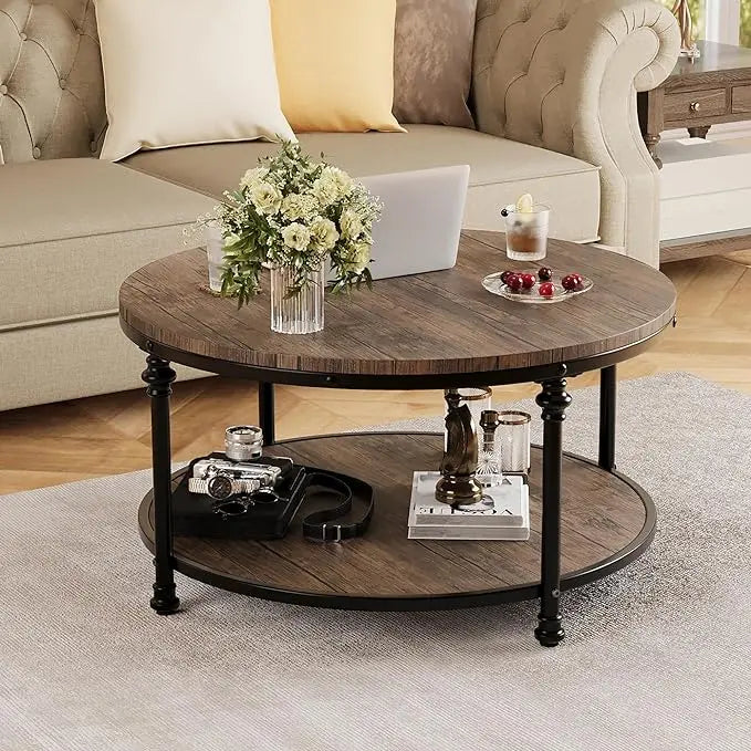 GAOMON Round Coffee Table Living Room 34.25in Rustic Circle Center Table with Storage Shelf 2-Tier Modern Wood Coffee Table Metal Frame, Easy Assembly(Light Walnut) - LeafyLoom