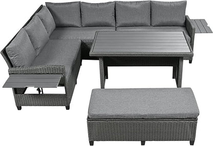 Merax Patio Furniture Sets Outdoor, All Weather Sectional PE Rattan Sofa with 2 Extendable Side, Dining Table and Bench, 5-Piece, Grey - LeafyLoom