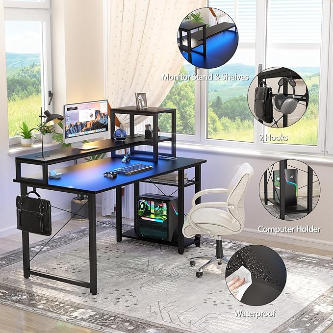 Gaming Desk with Lights & Power Outlets, 47.2'' Computer Desk with Storage Shelves, Small Desk for Small Space, Desk with Monitor Stand, Black - LeafyLoom