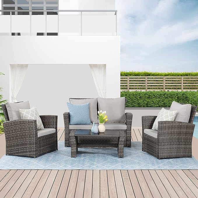 Wisteria Lane 4 Piece Outdoor Patio Furniture Sets, Wicker Conversation Set for Porch Deck, Gray Rattan Sofa Chair with Cushion - LeafyLoom