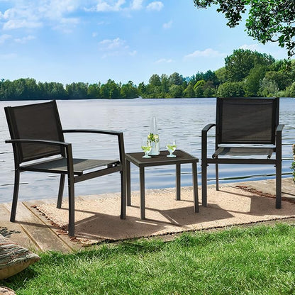 Greesum 3 Pieces Patio Furniture Outdoor Bistro Set Textilene Fabric Chairs for Lawn, Garden, Balcony, Poolside with A Glass Coffee Table, Black - LeafyLoom