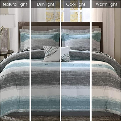 Madison Park Essentials Twin Comforter Set, Bed in a Bag Twin, Watercolor Print Coastal Comforter & Chambray Cotton Sheet Set, All Season Bedding Set, Saben, Aqua Twin (68 in x 86 in) 7 Piece - LeafyLoom