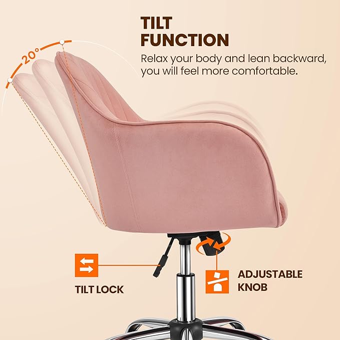 Yaheetech Velvet Vanity Chair Makeup Chair Cute Office Chair Aesthetic Desk Chair Height Adjustable Task Chairs 360° Swivel Computer Chair Living Room Chairs with Arms&Stainless Base Accent Pink - LeafyLoom