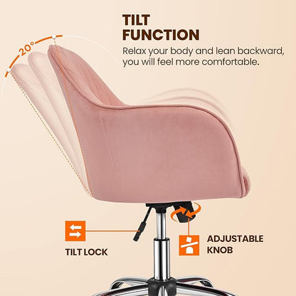 Yaheetech Velvet Vanity Chair Makeup Chair Cute Office Chair Aesthetic Desk Chair Height Adjustable Task Chairs 360° Swivel Computer Chair Living Room Chairs with Arms&Stainless Base Accent Pink - LeafyLoom