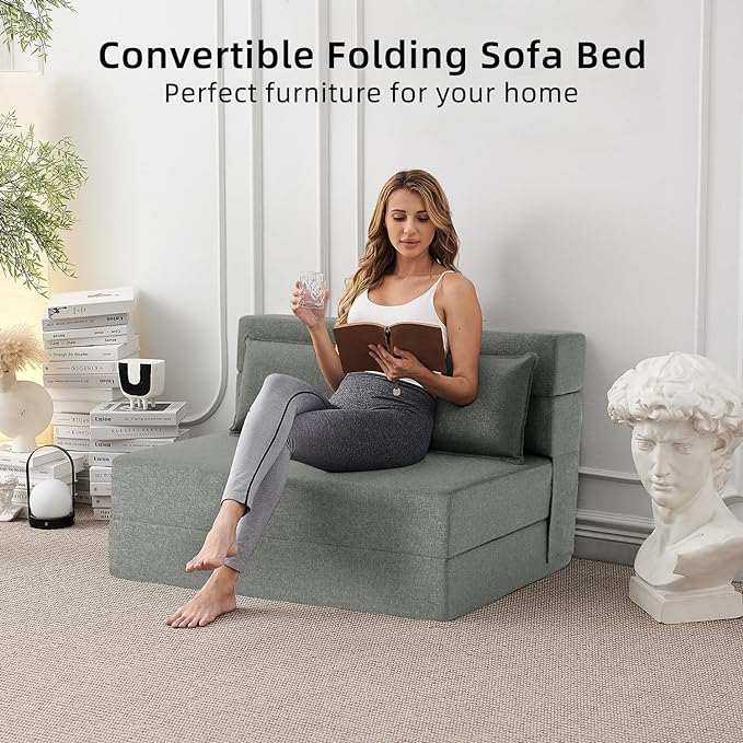 Convertible Folding Sofa Bed - Sleeper Chair with Pillow, Modern Linen Fabric Floor & Futon Couch, Foldable Mattress for Living Room/Dorm/Guest/Home Office/Apartment, Standard Size, Light Gray - LeafyLoom