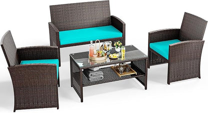 YITAHOME Patio Furniture Wicker Outdoor Bistro Set, 4-Piece All Weather Rattan Conversation Loveseat for Backyard, Balcony and Deck w/Soft Cushions and Metal Coffee Table (Brown+Blue) - LeafyLoom