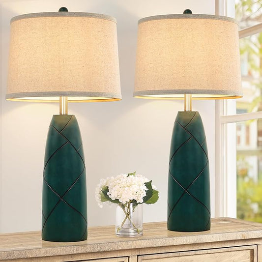 26" Tall Table Lamps for Living Room Set of 2, Modern Green Lamps for Bedrooms, Farmhouse Rustic Bedside Nightstand Lamps, Large End Table Lamps for Office Kids Room Study Room - LeafyLoom